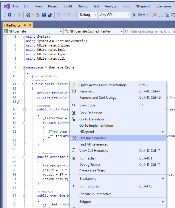 menu to diff a source file since baseline from the visual studio code editor